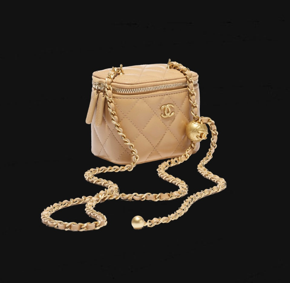 Chanel Vanity Case Mini Caviar Leather Pearl Charm Quilted Handbag Champagne Gold-tone Beige