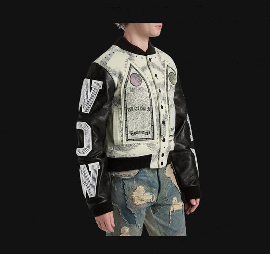 Who Decides War Namesake Rhinestone Varsity Jacket Cream