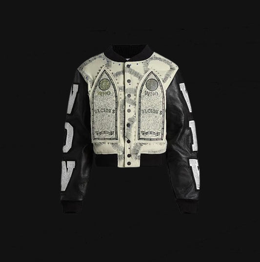 Who Decides War Namesake Rhinestone Varsity Jacket Cream