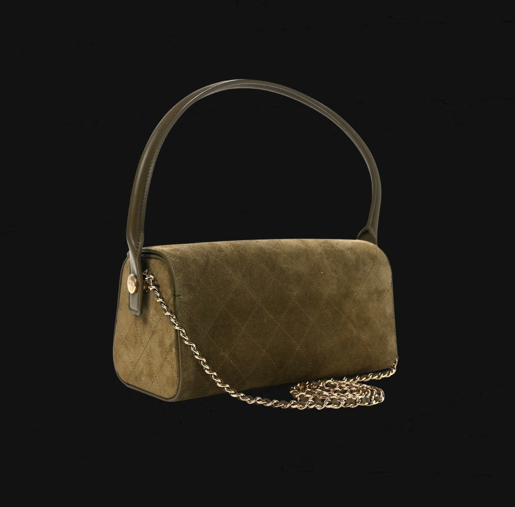 Chanel Suede Quilted Turn Around Clutch With Chain Khaki