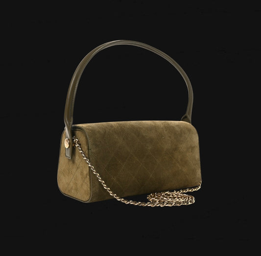 Chanel Suede Quilted Turn Around Clutch With Chain Khaki