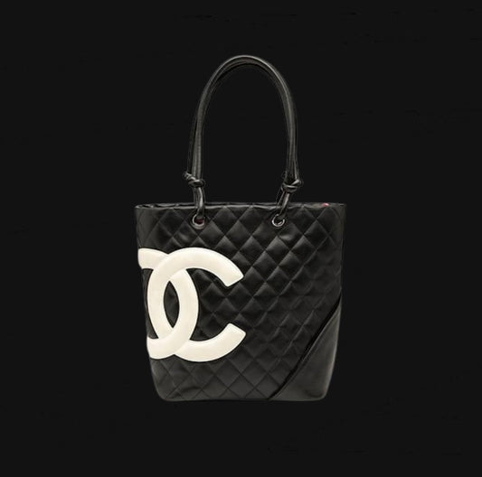 Chanel Cambon Line Matelasse Handbag Black White Leather
