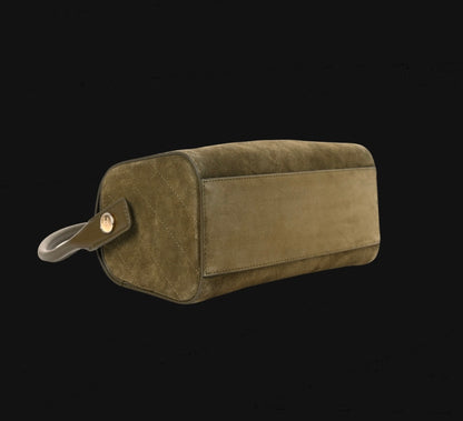 Chanel Suede Quilted Turn Around Clutch With Chain Khaki