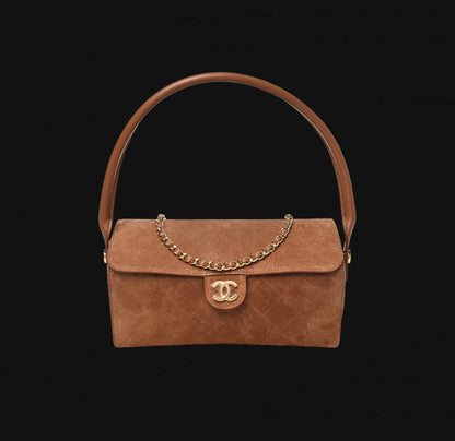 Chanel Suede Quilted Turn Around Clutch With Chain Khaki