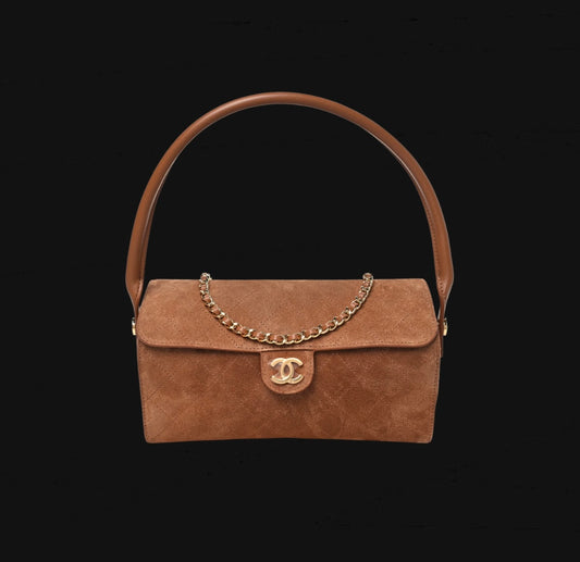 Chanel Suede Quilted Turn Around Clutch With Chain Khaki